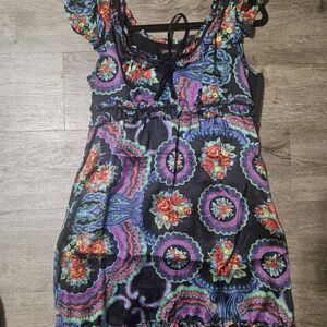 Betsey Johnson Black Baby Doll Mini Dress with Multicolor Floral Medallion Print